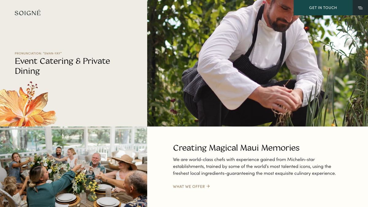 The soignemaui.com homepage on 1 October 2026: the Soigné wordmark, the headline Event Catering and Private Dining, a chef picking herbs, and the heading Creating Magical Maui Memories.